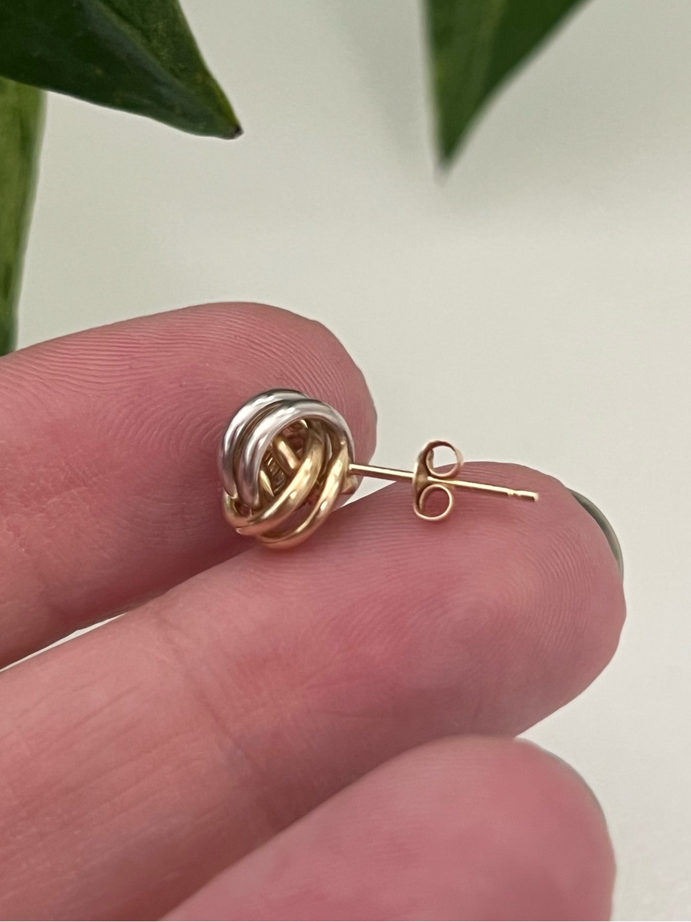 14K Gold Two Toned Interlocking Knot Stud Earrings, Real Yellow & White Gold - Picture 5 of 12